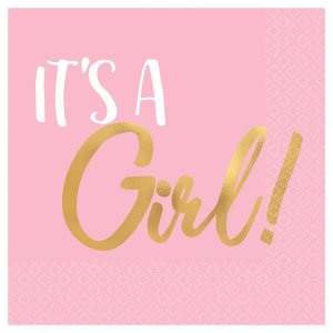 Små servetter - It s a girl - Rosa/Guld - 16-pack