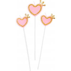 Tårtljus - Hjärtan med krona - Rosa/Glitter - 10-pack