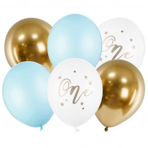Ballongbukett - ONE - Ljusblå/Guld - 6-pack