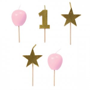 Tårtljus - 1st Birthday - Rosa/Guld - 5-pack