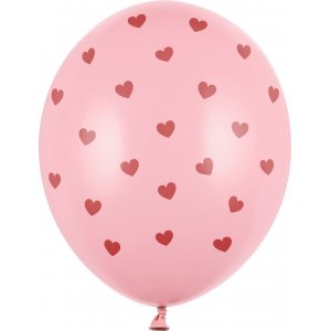 Ballonger - Ljusrosa med röda hjärtan - 6-pack