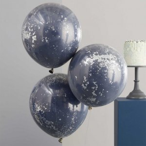 Stora konfettiballonger - Dubbelskiktat - Navy/Silver - 3-pack