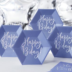 Desserttallrikar - Happy B-day - Blå/Iridescent - 6-pack