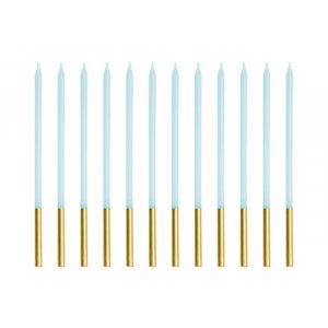 Långa tårtljus - Ljustblå/Guld - 12 stycken