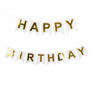 Vimpel - Happy Birthday - Vit/Guld