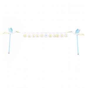 Cake Topper - Stork - Hello Baby - Blå/Vit/Guld