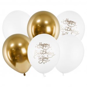 Ballongbukett - Happy Birthday - Vit/Guld - 6-pack