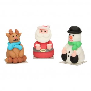 Sockerdekorationer - 3D - Ren/Tomte/Snögubbe - 3-pack