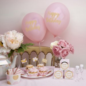 Ballonger - Happy Birthday - Rosa/Guld - 8-pack
