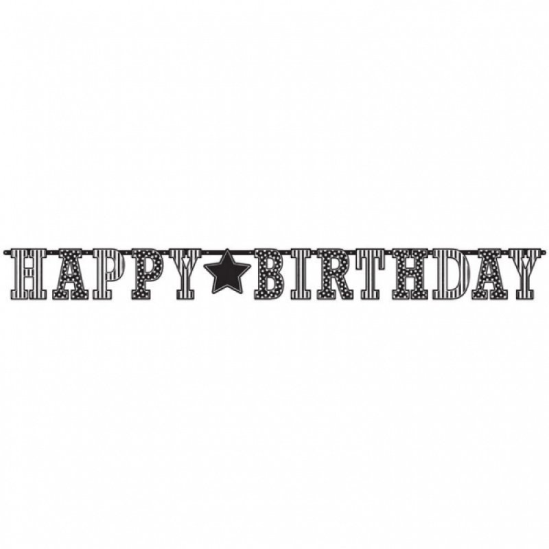 Megastor banderoll Happy Birthday i svart och vitt