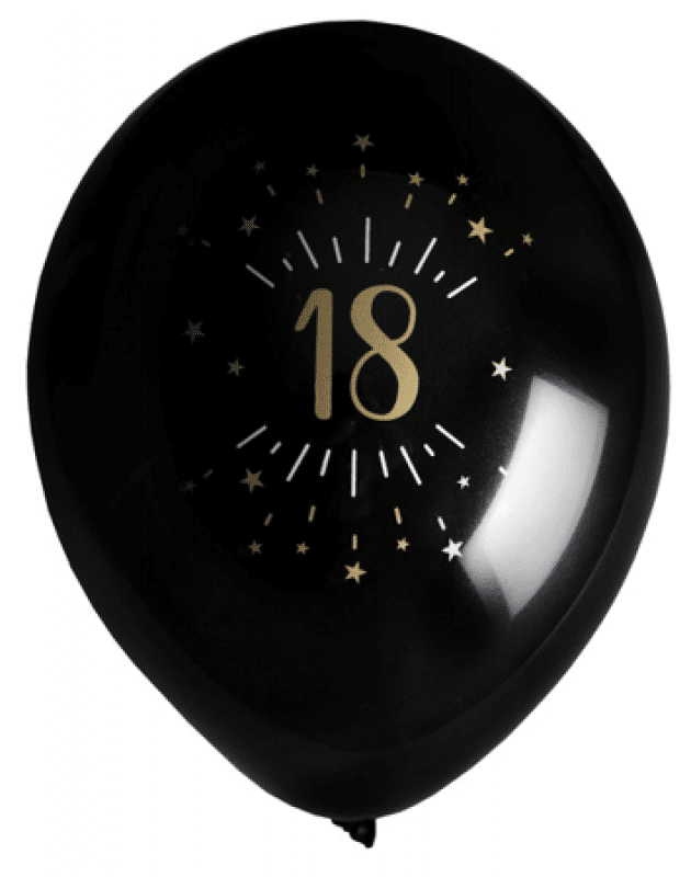 Ballonger Svart & Guld 18 år, 8-pack