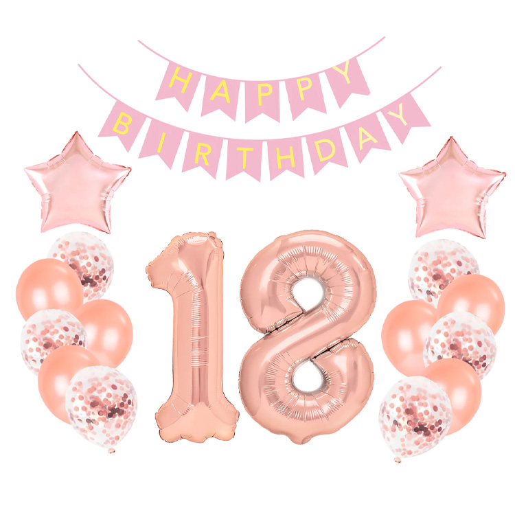 Ballongset inkl. Flaggbanderoll För 18 Årsdag Roséguld